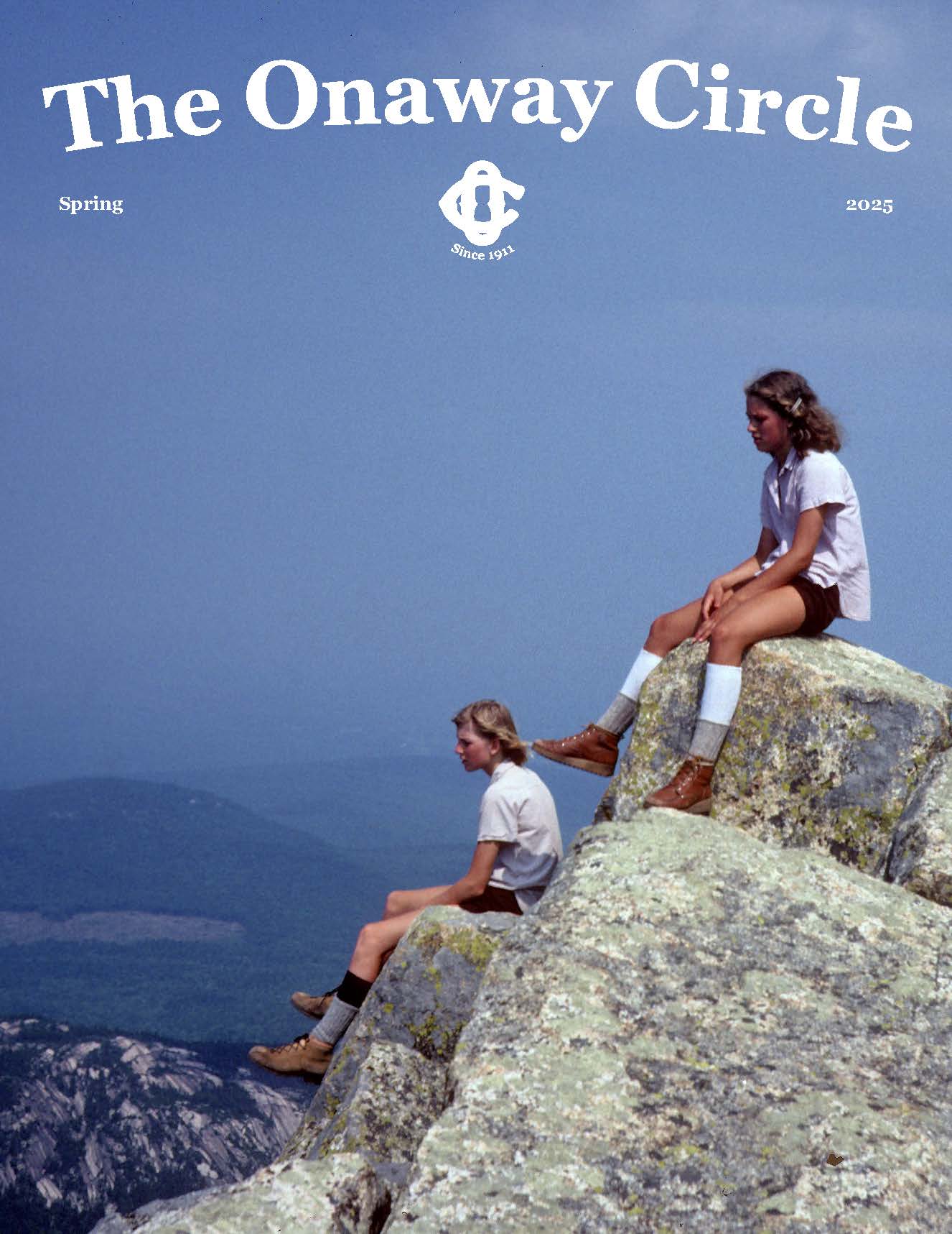 Cover of the Onaway Circle Spring 2025, vintage photo of campers on rocks at the summit of a hike